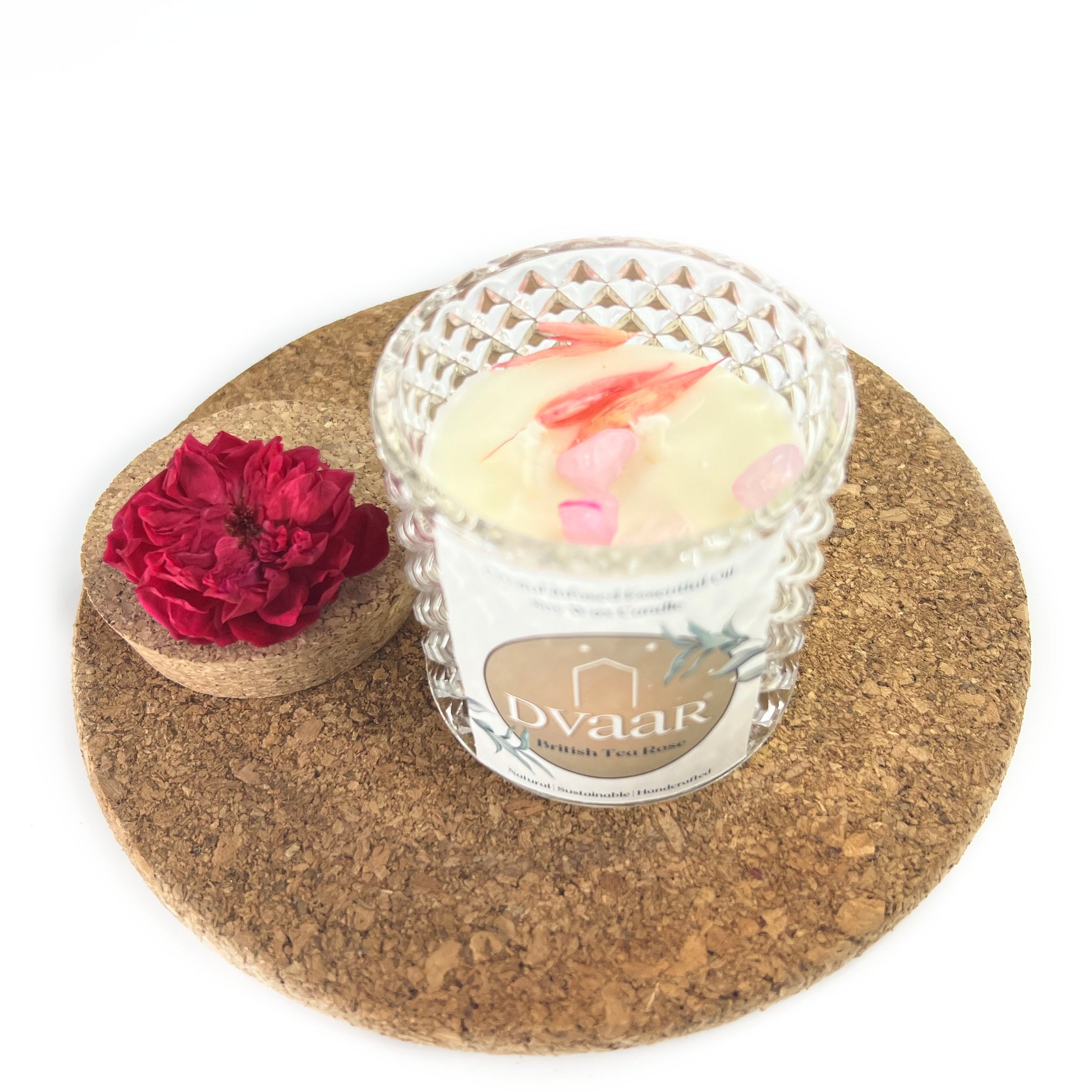 DVAAR SOYA WAX CANDLES SCENTED AROMATHERAPY MEDITATION HAND CRAFTED WITH NATURAL OILS CRYSTALS with GLASS JAR 280 GMS. FRAGRANCE-British Tea Rose