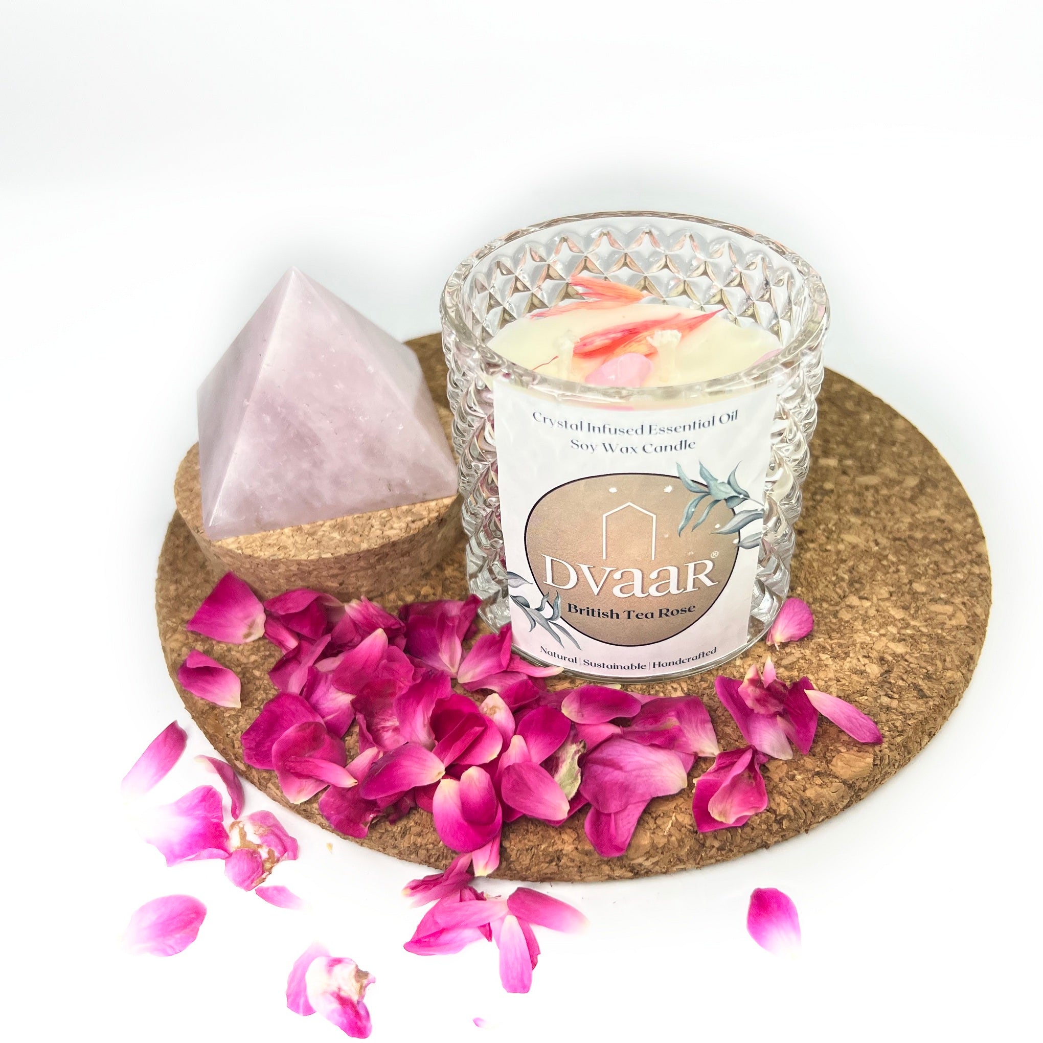 DVAAR SOYA WAX CANDLES SCENTED ECO FRIENDLY AROMATHERAPY MEDITATION HAND CRAFTED WITH NATURAL OILS CRYSTALS with GLASS JAR 280 GMS. FRAGRANCE-British Tea Rose