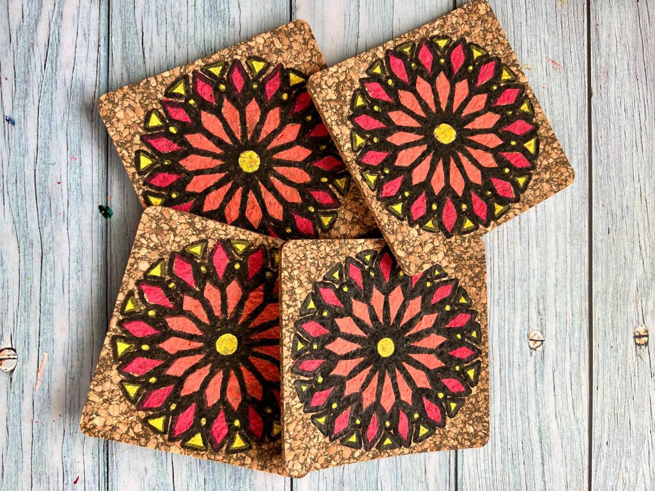 HAND PAINTED NATURAL CORK COASTERS HANDCRAFTED SET OF 4 CUSTOMIZED GIFT