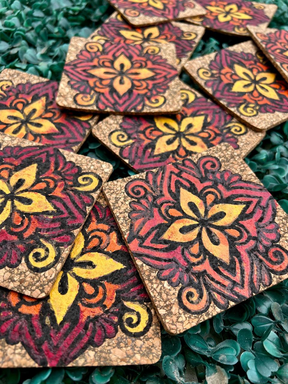 HAND PAINTED NATURAL CORK COASTERS HANDCRAFTED SET OF 4 CUSTOMIZED GIFT