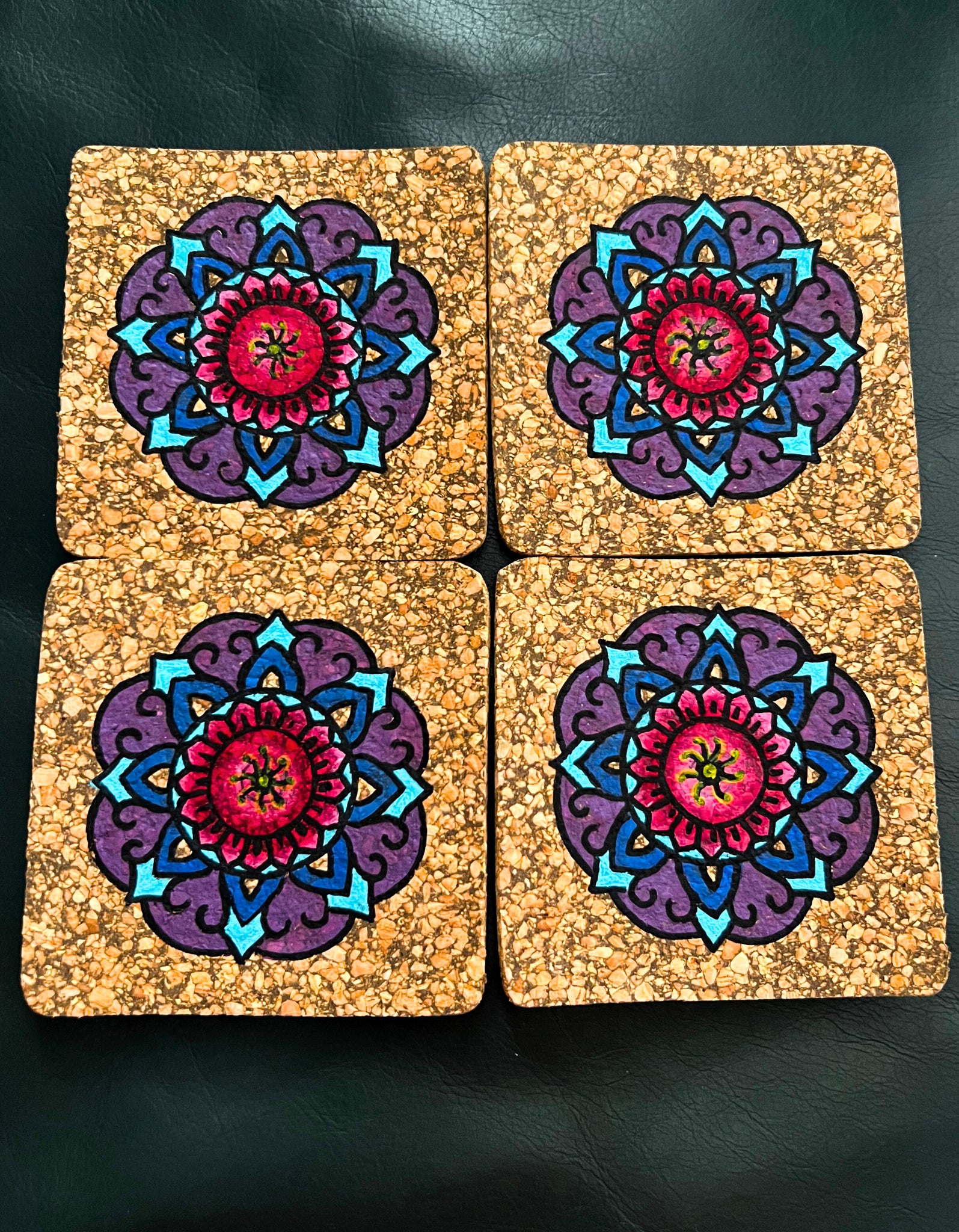 HAND PAINTED NATURAL CORK COASTERS HANDCRAFTED SET OF 4 CUSTOMIZED GIFT